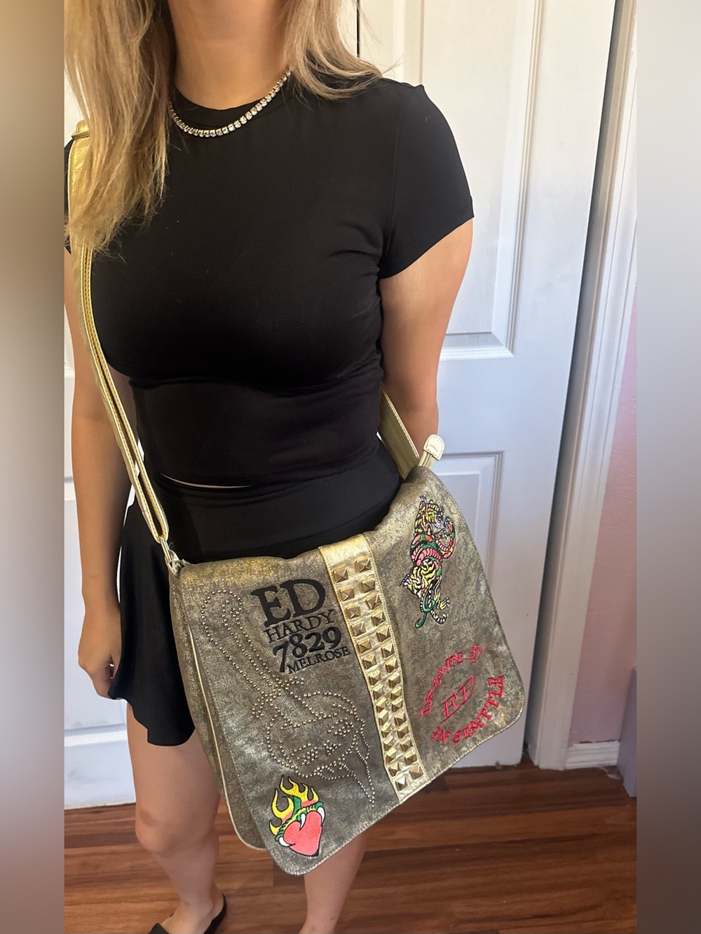 Ed Hardy gold metallic crossbody messenger bag